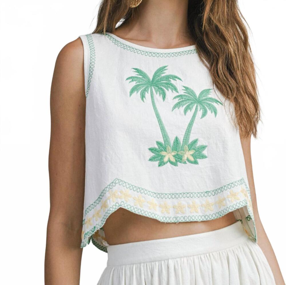 NEW LE CLICHE palm tree embroidered crop top in white